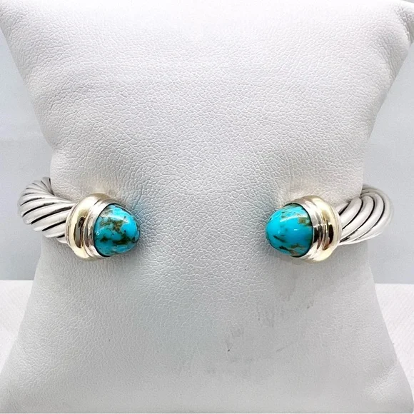 David Yurman Sterling Silver & 14K Gold Turquoise Cable Bracelet - Picture 5 of 14
